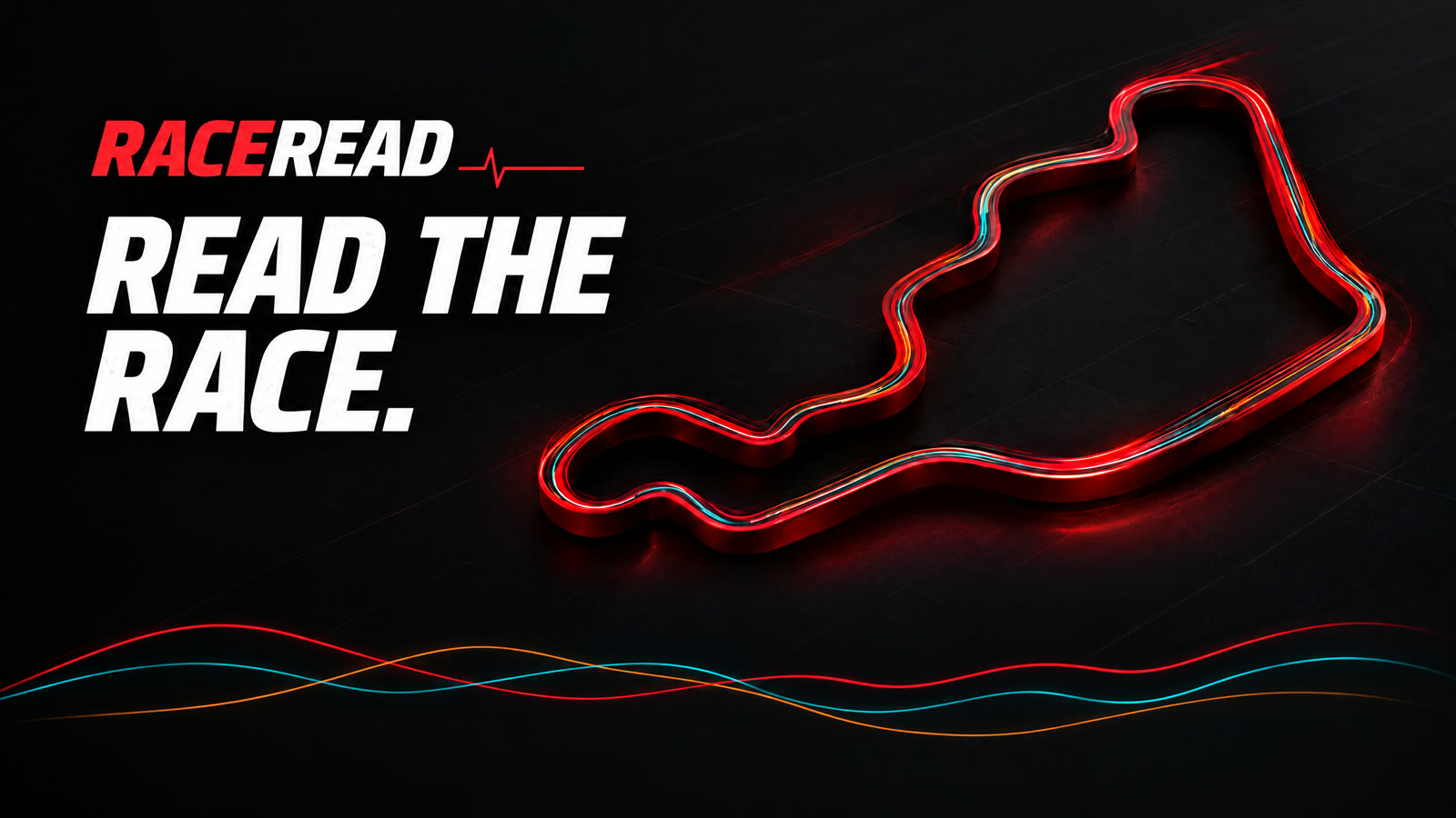 RaceRead — Read the race. A red circuit and race telemetry on charcoal.